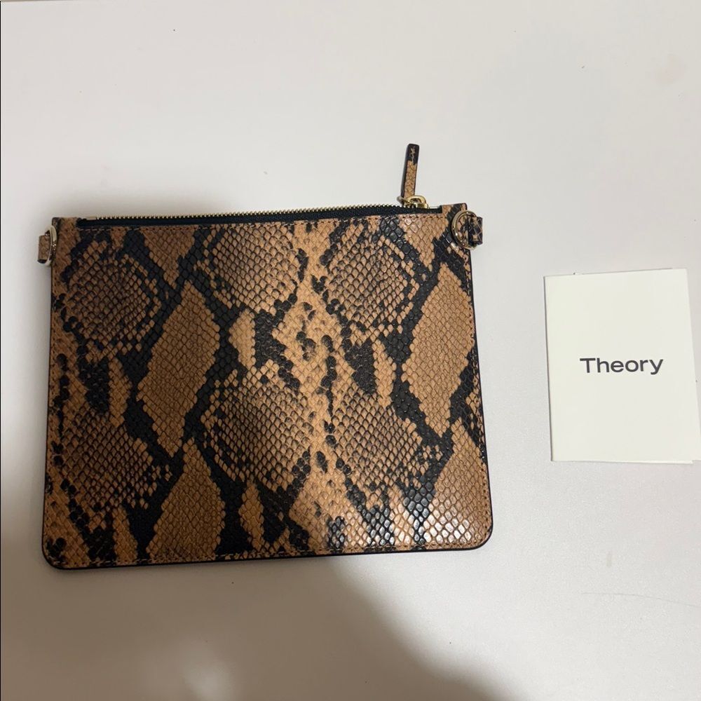 Theory Minimalist Transformer Liden Lamb Leather Pouch Clutch Bag Snake Brown